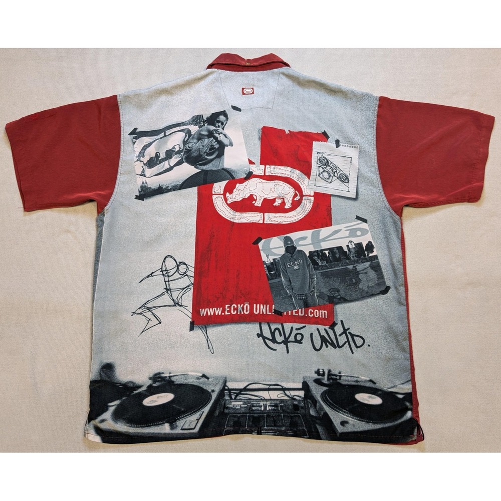 Vintage Ecko Unltd Shirt Mens 2XL XXL Red Y2K Hip Hop Streetwear Graffiti Button